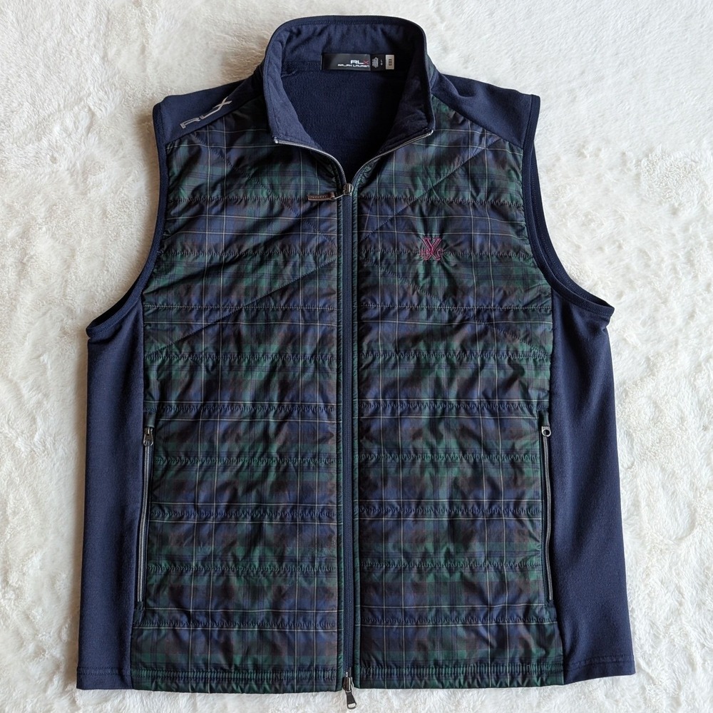 RLX Ralph Lauren Men's Quilted Plaid Hybrid Golf Vest Navy Blue Green Large
